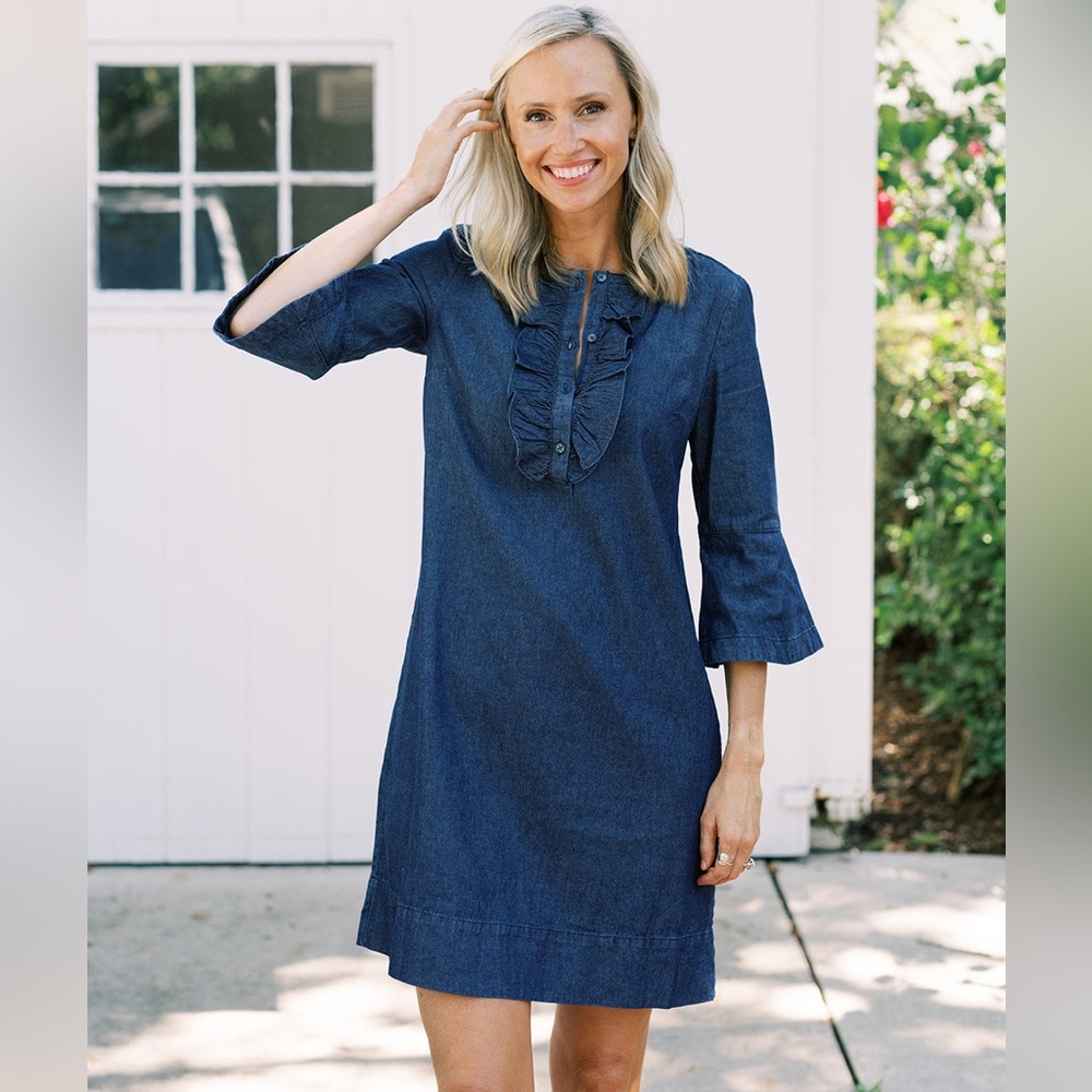 Draper James Chambray Ruffle Shift Dress 
Size 6 Medium Wash 3/4 Bell Sleeves